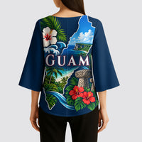 Guam Map Latte Stone Kimono Sleeve Blouse Hibiscus Floral Coastal Landscape