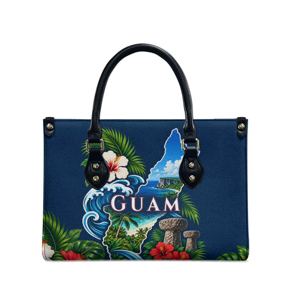 Guam Map Latte Stone Leather Bag Hibiscus Floral Coastal Landscape