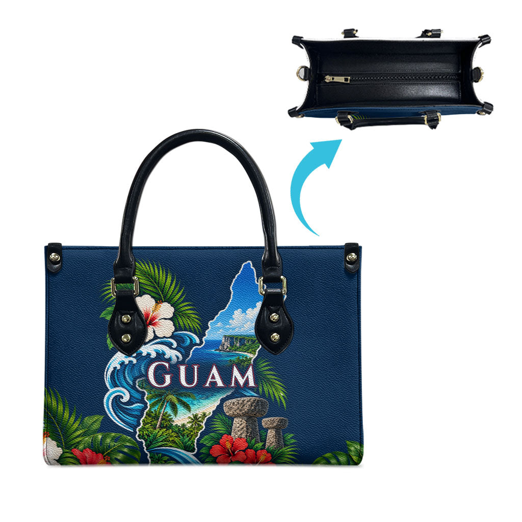Guam Map Latte Stone Leather Bag Hibiscus Floral Coastal Landscape