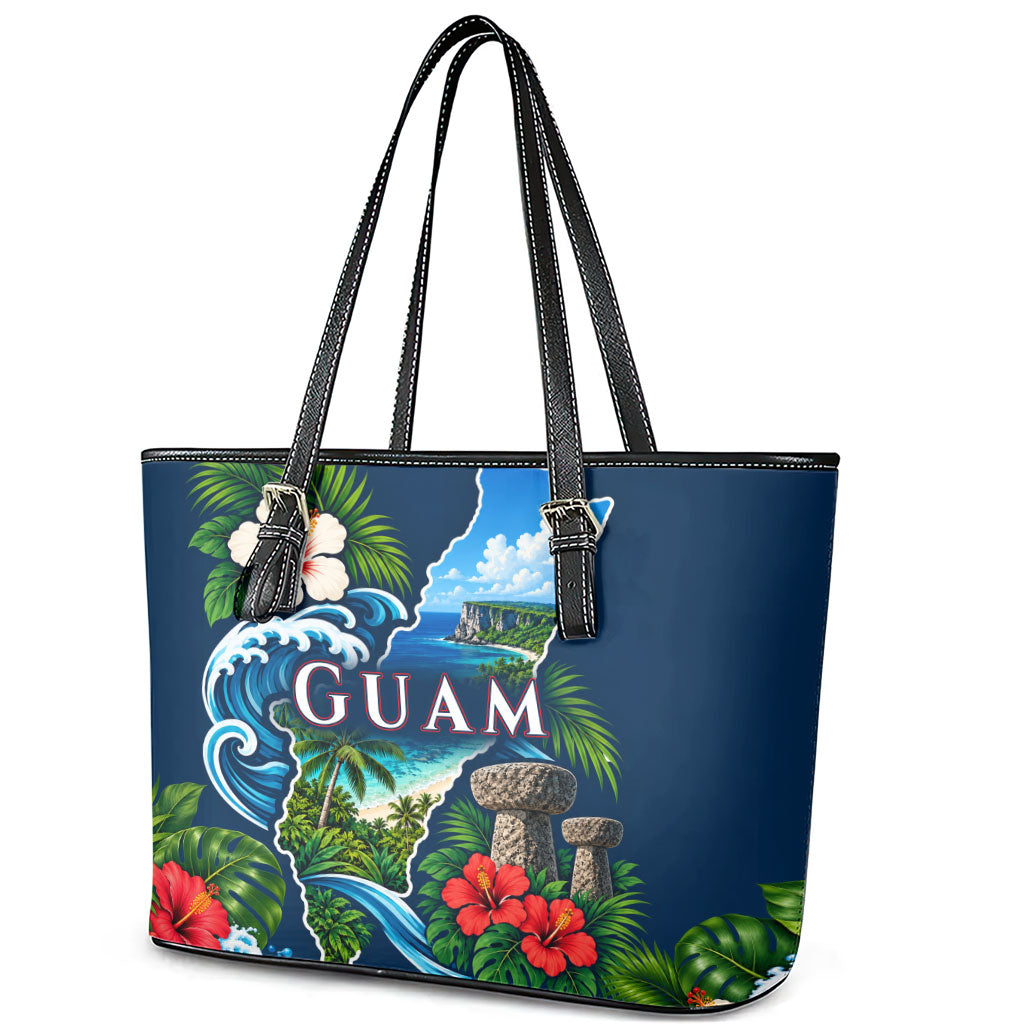 Guam Map Latte Stone Leather Tote Bag Hibiscus Floral Coastal Landscape