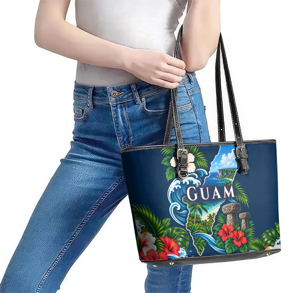 Guam Map Latte Stone Leather Tote Bag Hibiscus Floral Coastal Landscape
