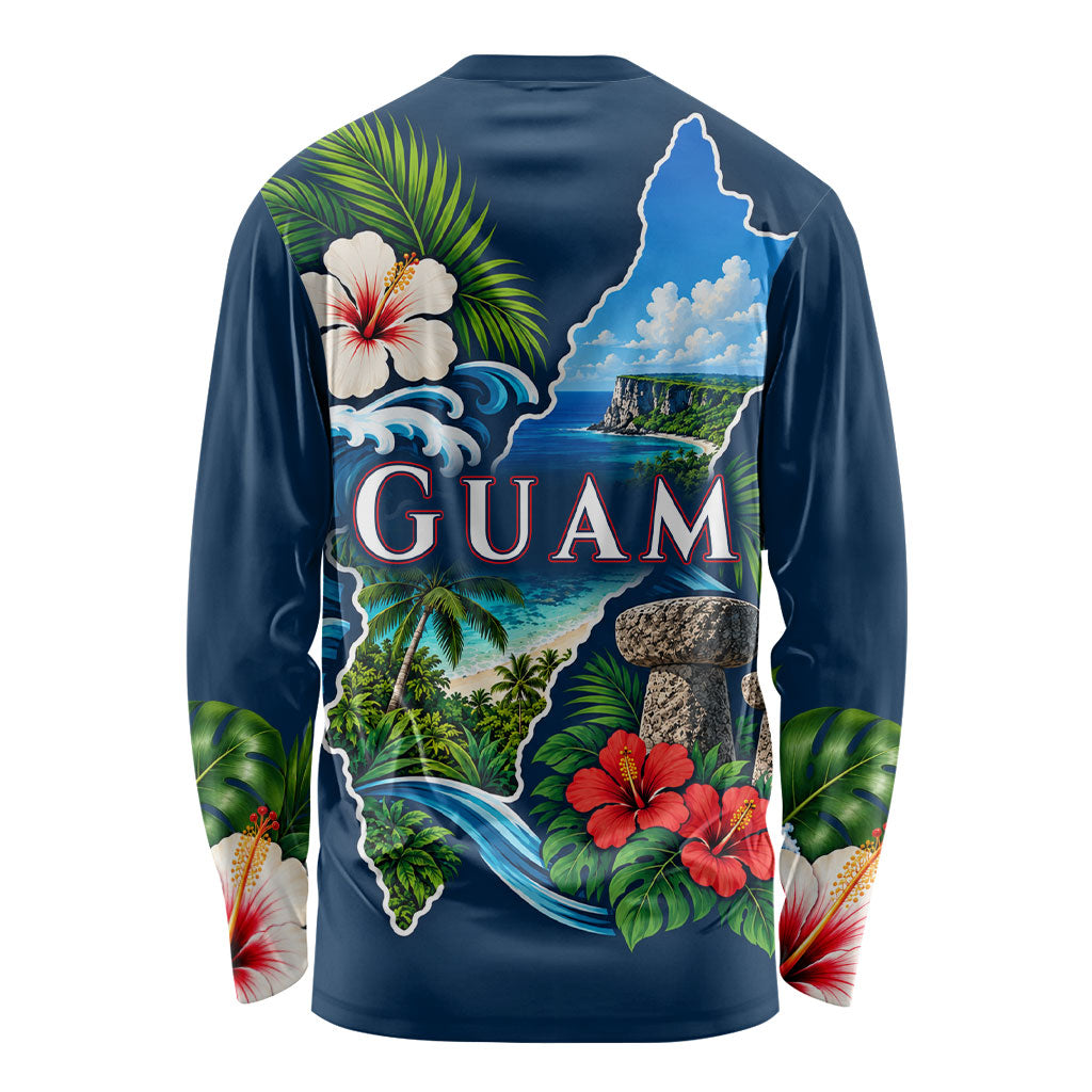 Guam Map Latte Stone Long Sleeve Shirt Hibiscus Floral Coastal Landscape TS04 - Polynesian Pride