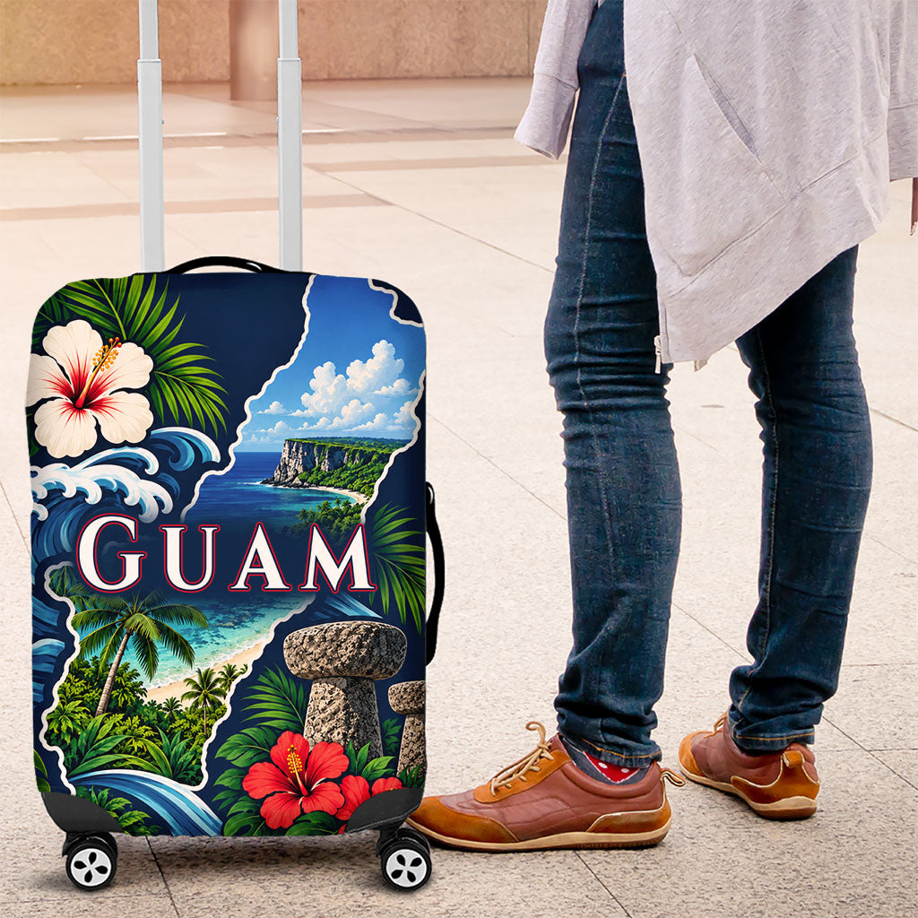 Guam Map Latte Stone Luggage Cover Hibiscus Floral Coastal Landscape