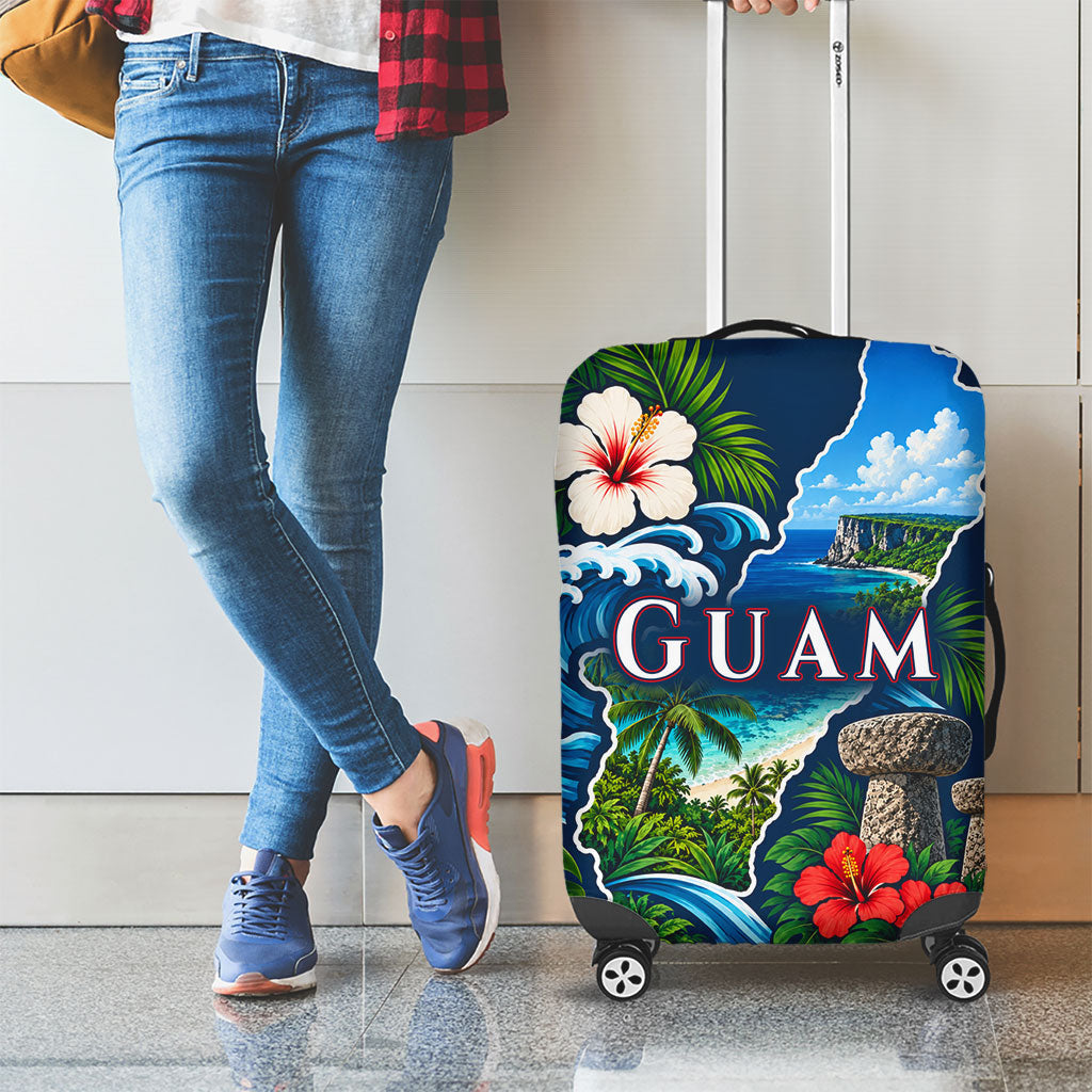 Guam Map Latte Stone Luggage Cover Hibiscus Floral Coastal Landscape