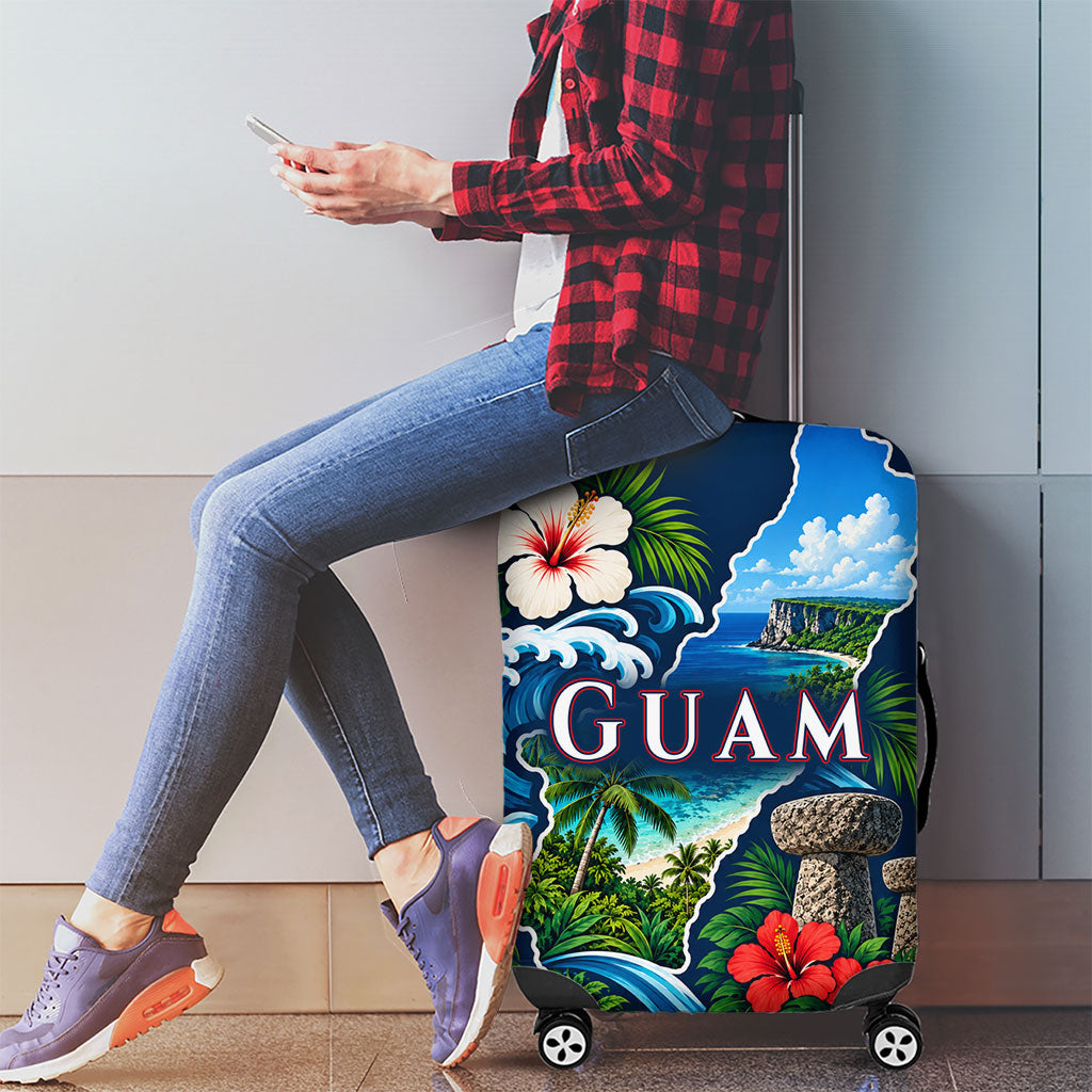 Guam Map Latte Stone Luggage Cover Hibiscus Floral Coastal Landscape