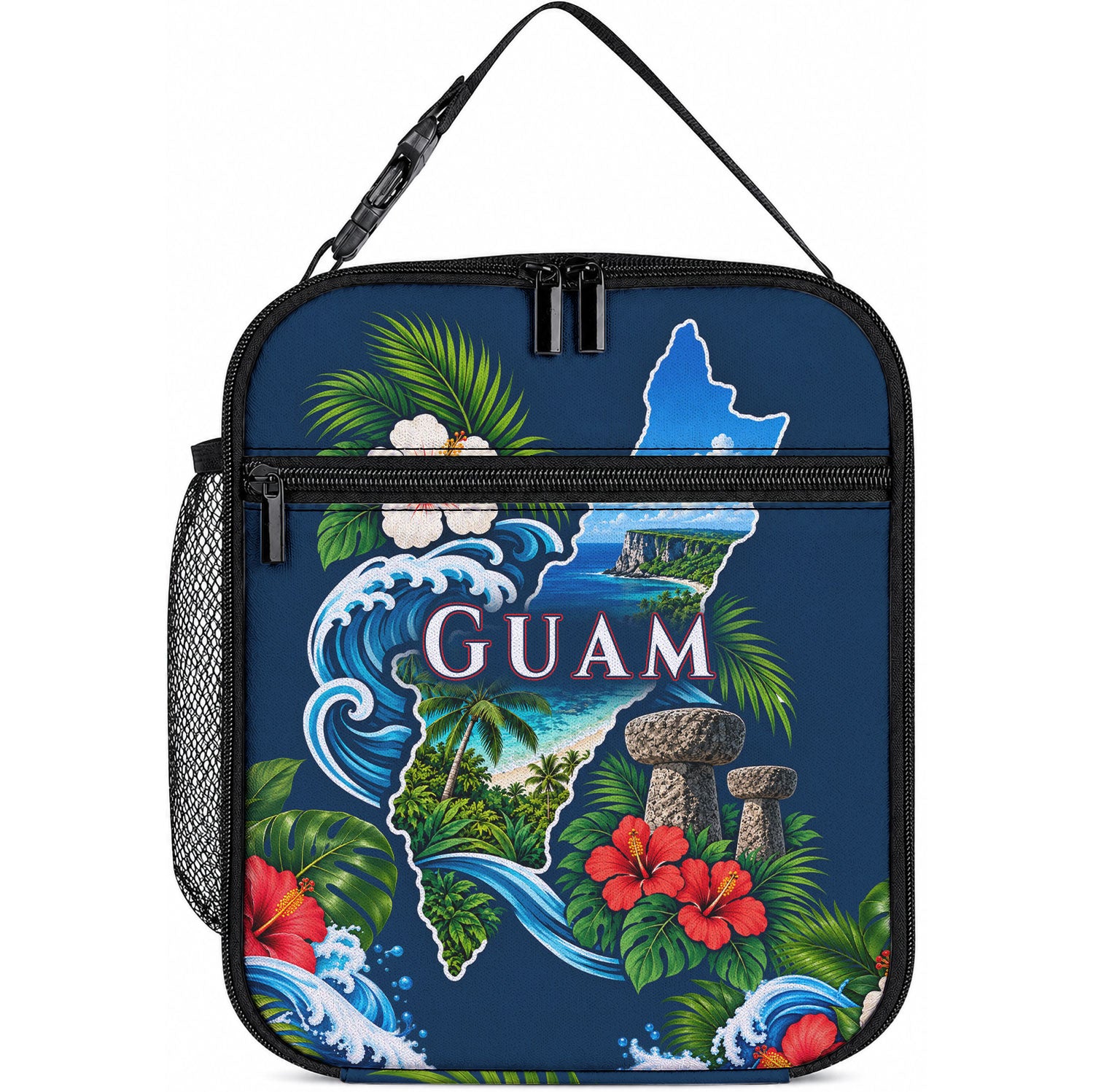 Guam Map Latte Stone Lunch Bag Hibiscus Floral Coastal Landscape TS04 10.2 × 8.3 × 4.3 inch Blue Red - Polynesian Pride