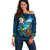 Guam Map Latte Stone Off Shoulder Sweater Hibiscus Floral Coastal Landscape
