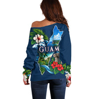 Guam Map Latte Stone Off Shoulder Sweater Hibiscus Floral Coastal Landscape