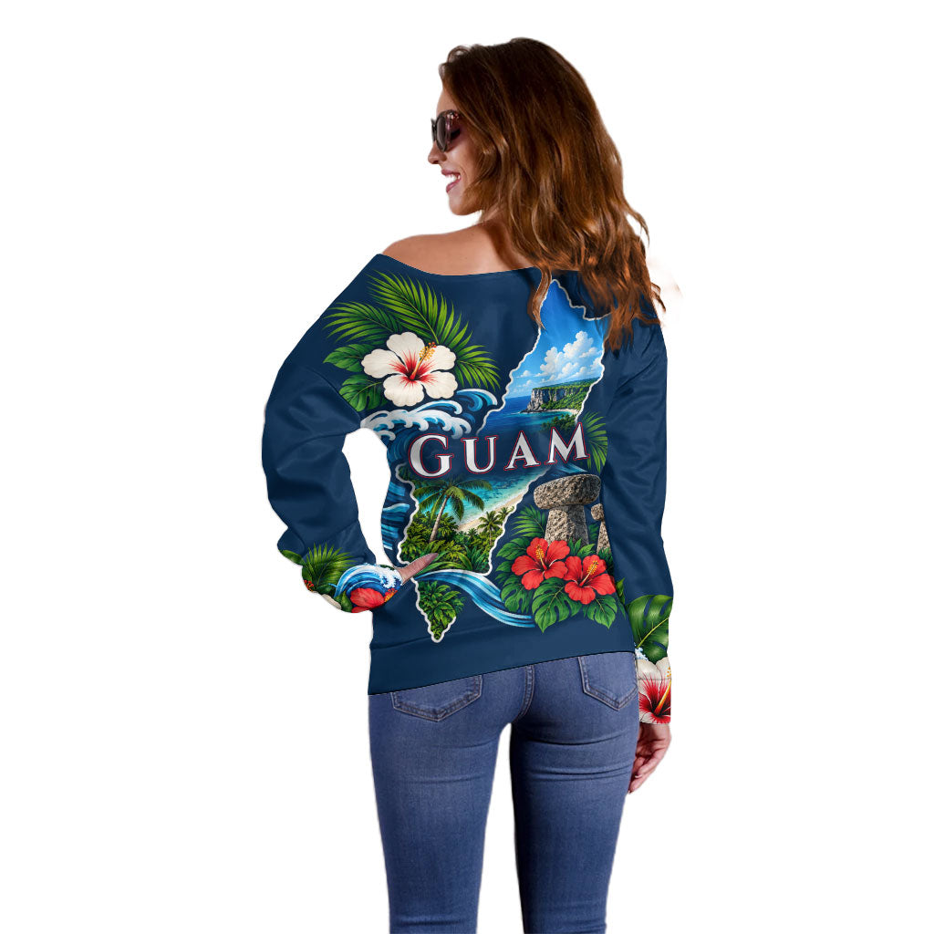 Guam Map Latte Stone Off Shoulder Sweater Hibiscus Floral Coastal Landscape