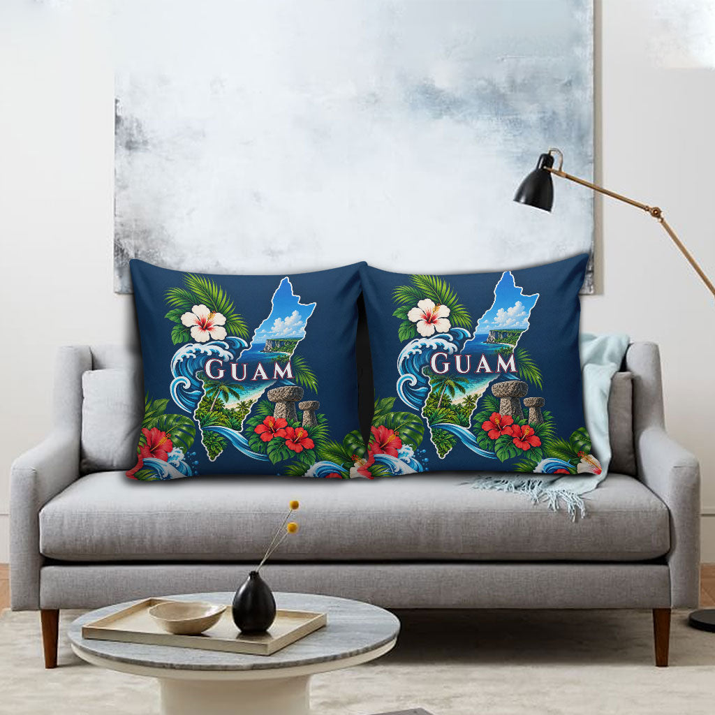 Guam Map Latte Stone Pillow Cover Hibiscus Floral Coastal Landscape TS04 - Polynesian Pride