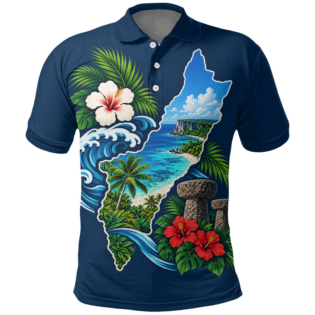 Guam Map Latte Stone Polo Shirt Hibiscus Floral Coastal Landscape TS04 Blue Red - Polynesian Pride