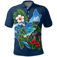 Guam Map Latte Stone Polo Shirt Hibiscus Floral Coastal Landscape