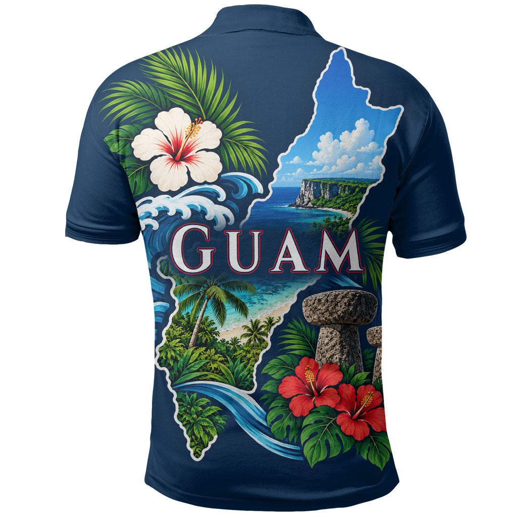 Guam Map Latte Stone Polo Shirt Hibiscus Floral Coastal Landscape