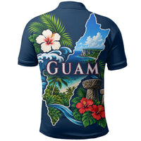 Guam Map Latte Stone Polo Shirt Hibiscus Floral Coastal Landscape