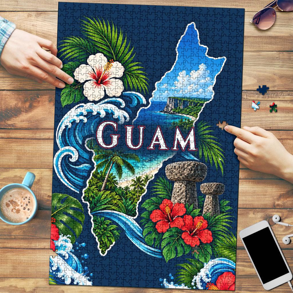 Guam Map Latte Stone Puzzle Hibiscus Floral Coastal Landscape TS04 Blue Red - Polynesian Pride