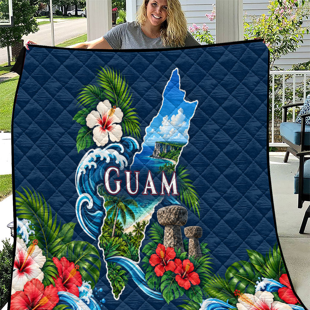 Guam Map Latte Stone Quilt Hibiscus Floral Coastal Landscape TS04 Blue Red - Polynesian Pride