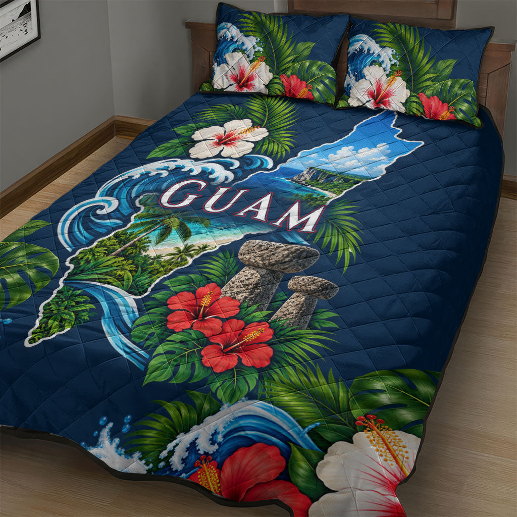 Guam Map Latte Stone Quilt Bed Set Hibiscus Floral Coastal Landscape