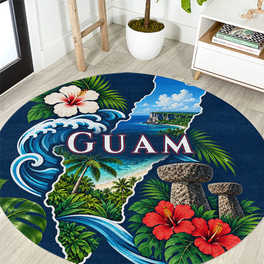 Guam Map Latte Stone Round Carpet Hibiscus Floral Coastal Landscape