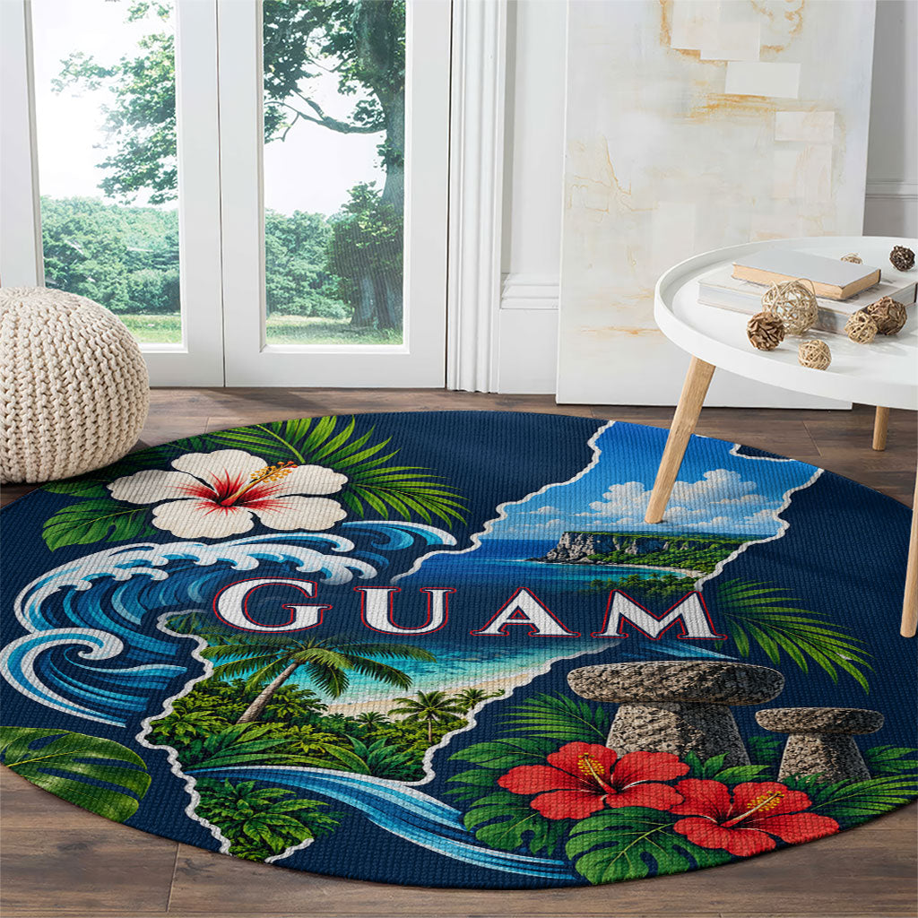 Guam Map Latte Stone Round Carpet Hibiscus Floral Coastal Landscape
