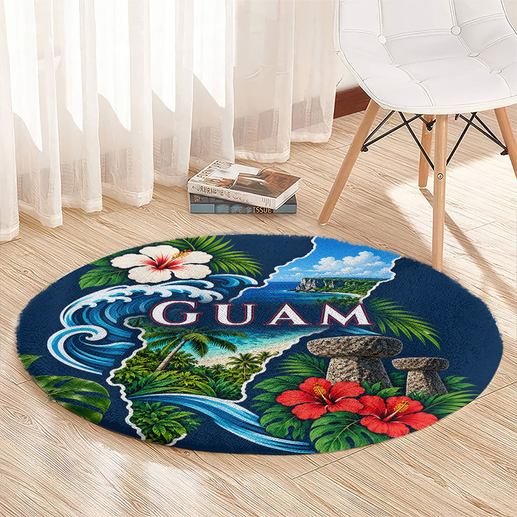Guam Map Latte Stone Round Carpet Hibiscus Floral Coastal Landscape