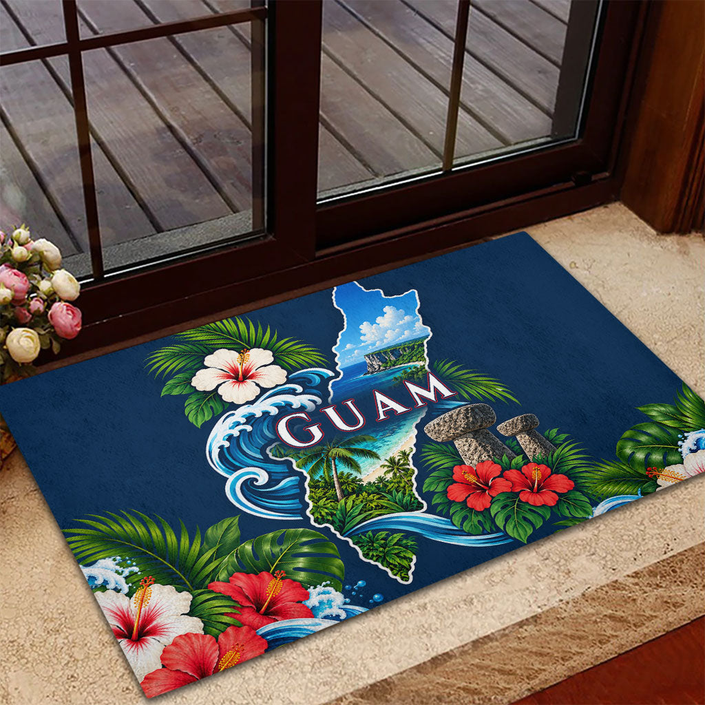 Guam Map Latte Stone Rubber Doormat Hibiscus Floral Coastal Landscape TS04 - Polynesian Pride