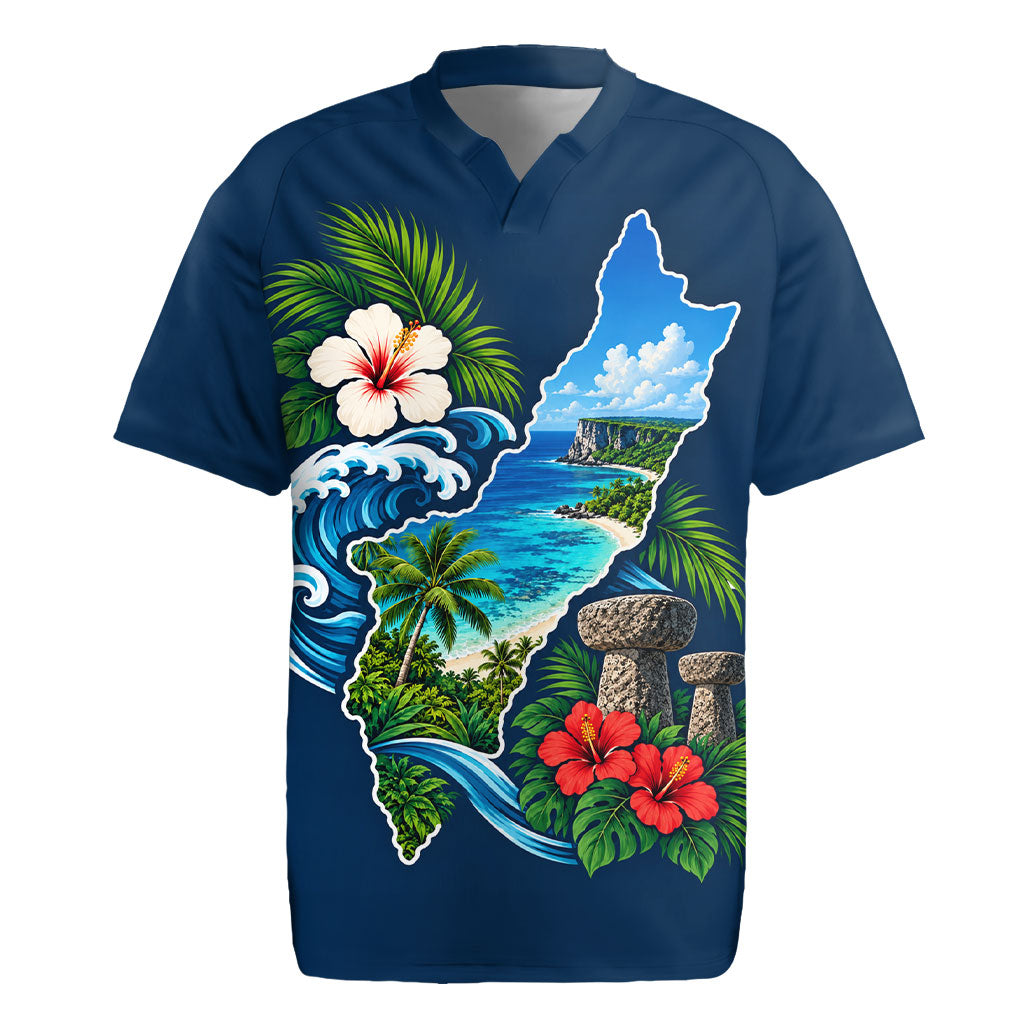 Guam Map Latte Stone Rugby Jersey Hibiscus Floral Coastal Landscape TS04 Blue Red - Polynesian Pride