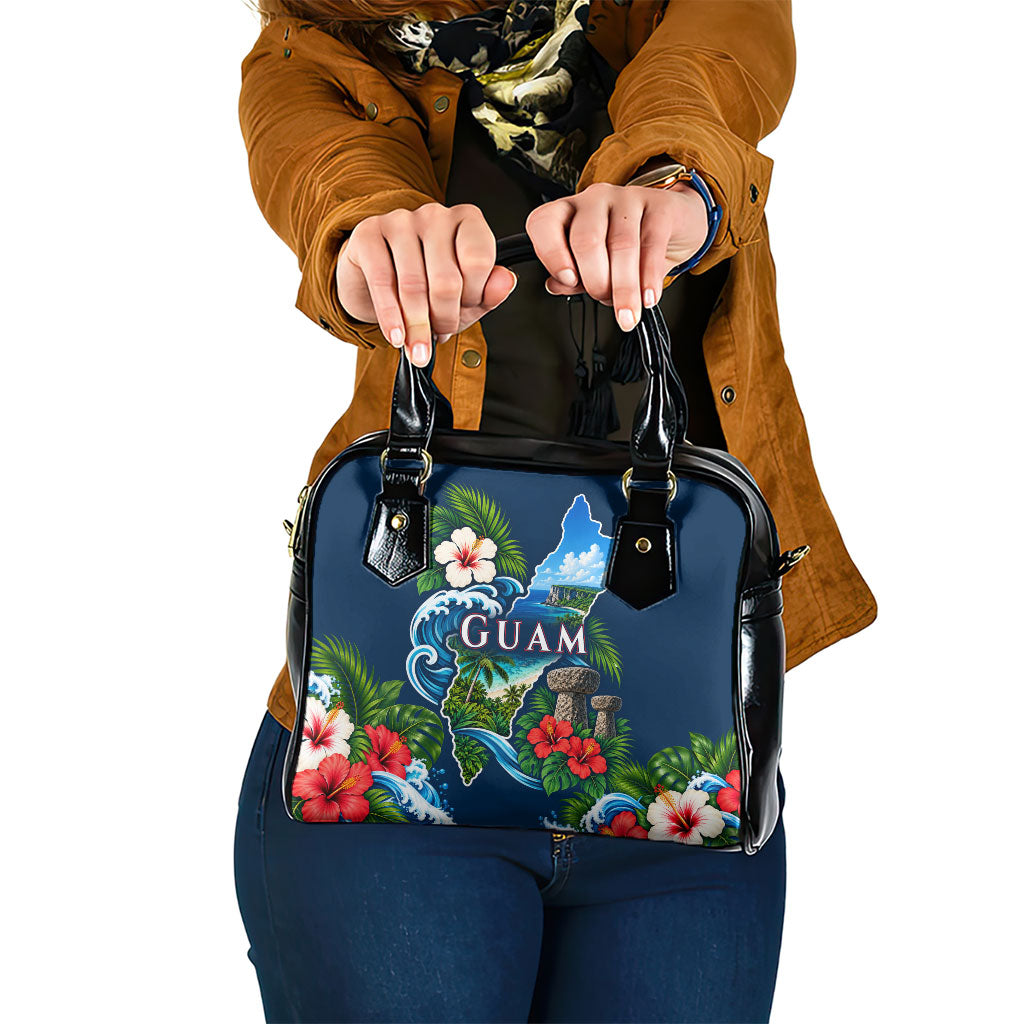 Guam Map Latte Stone Shoulder Handbag Hibiscus Floral Coastal Landscape TS04 One Size Blue Red - Polynesian Pride