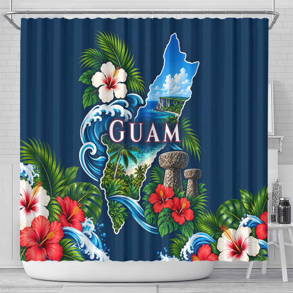 Guam Map Latte Stone Shower Curtain Hibiscus Floral Coastal Landscape TS04 - Polynesian Pride