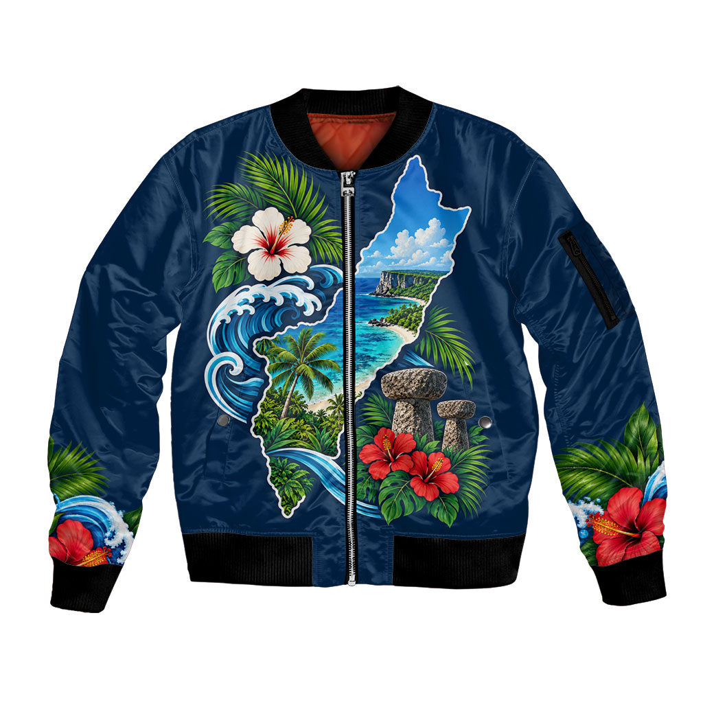 Guam Map Latte Stone Sleeve Zip Bomber Jacket Hibiscus Floral Coastal Landscape TS04 Unisex Blue Red - Polynesian Pride