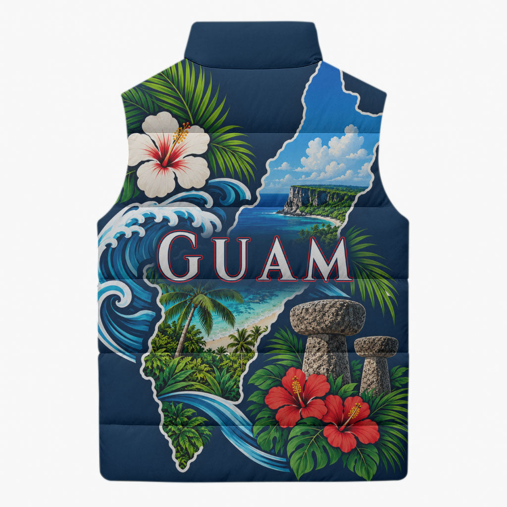 Guam Map Latte Stone Sleeveless Puffer Jacket Hibiscus Floral Coastal Landscape