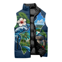 Guam Map Latte Stone Sleeveless Puffer Jacket Hibiscus Floral Coastal Landscape