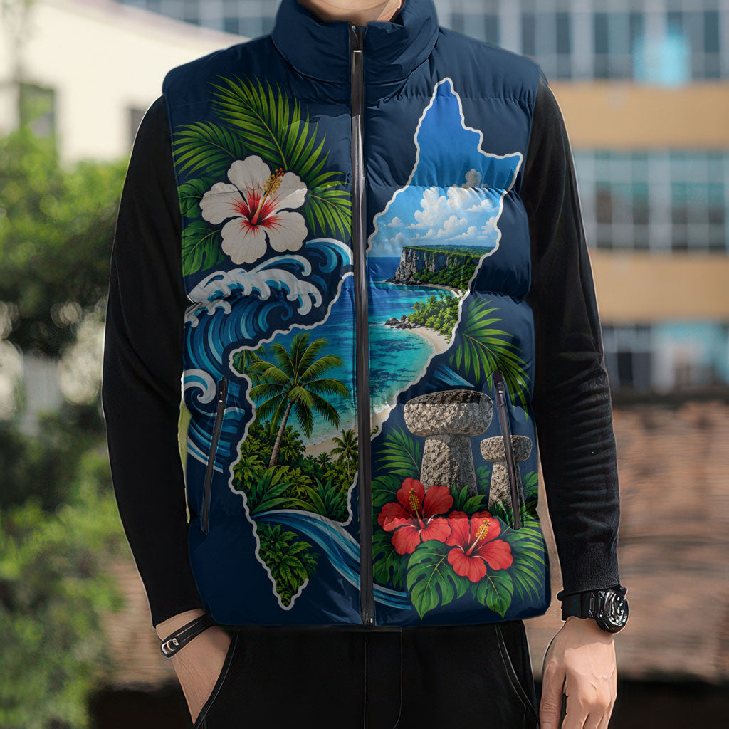 Guam Map Latte Stone Sleeveless Puffer Jacket Hibiscus Floral Coastal Landscape