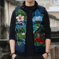 Guam Map Latte Stone Sleeveless Puffer Jacket Hibiscus Floral Coastal Landscape