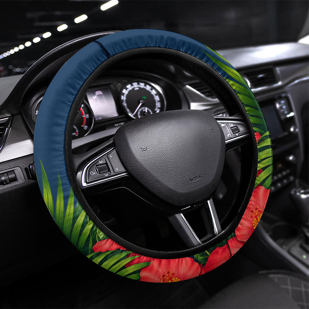 Guam Map Latte Stone Steering Wheel Cover Hibiscus Floral Coastal Landscape TS04 Universal Fit Blue Red - Polynesian Pride
