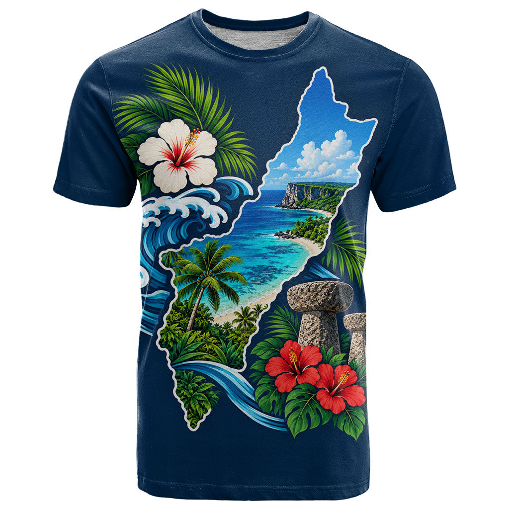 Guam Map Latte Stone T Shirt Hibiscus Floral Coastal Landscape TS04 Blue Red - Polynesian Pride