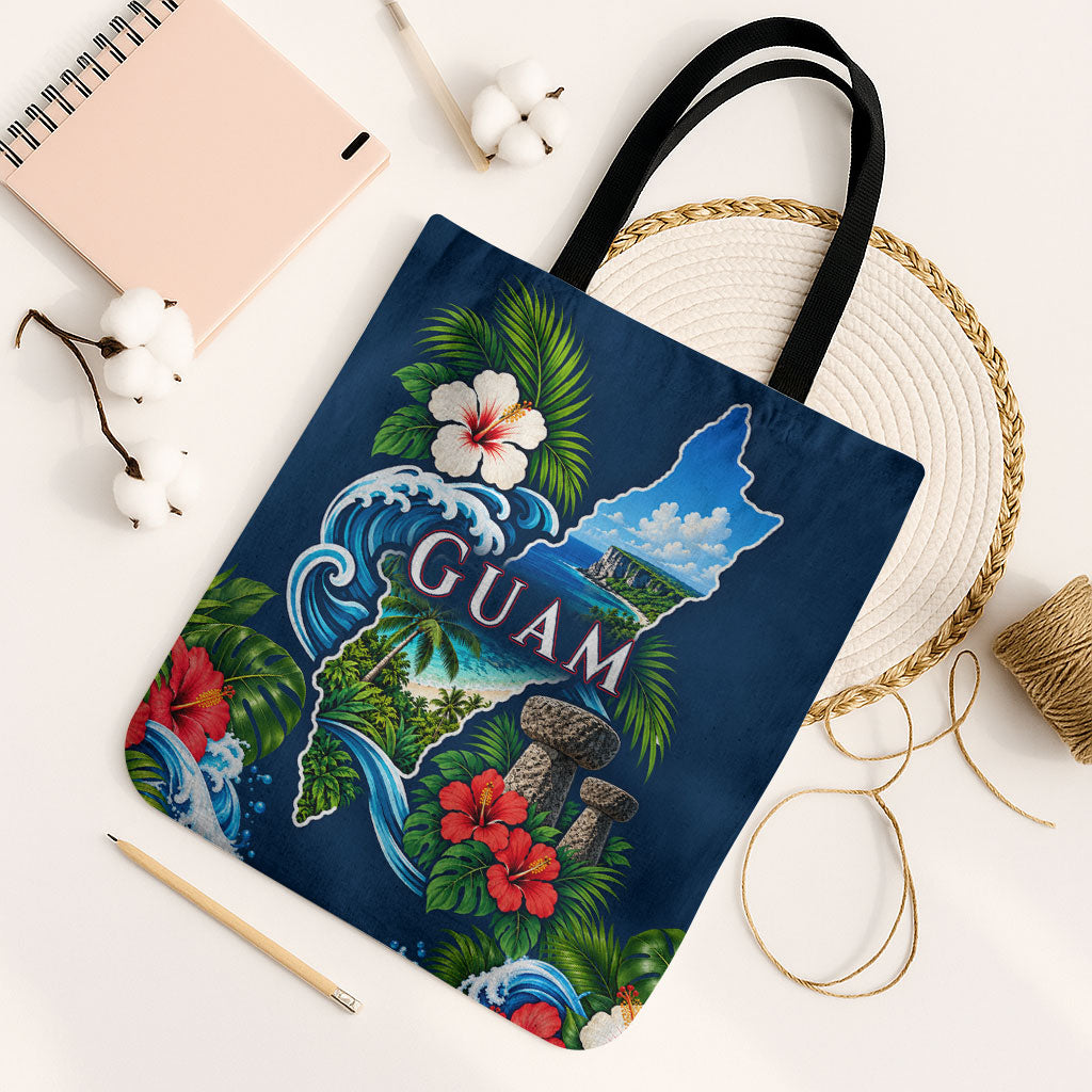 Guam Map Latte Stone Tote Bag Hibiscus Floral Coastal Landscape