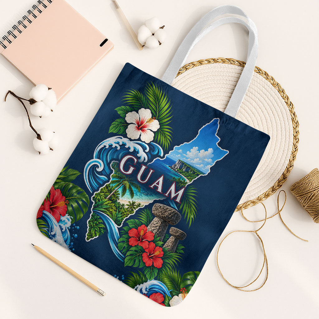 Guam Map Latte Stone Tote Bag Hibiscus Floral Coastal Landscape