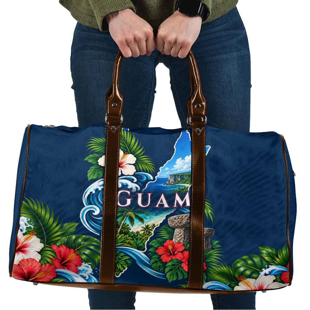Guam Map Latte Stone Travel Bag Hibiscus Floral Coastal Landscape TS04 Blue Red - Polynesian Pride