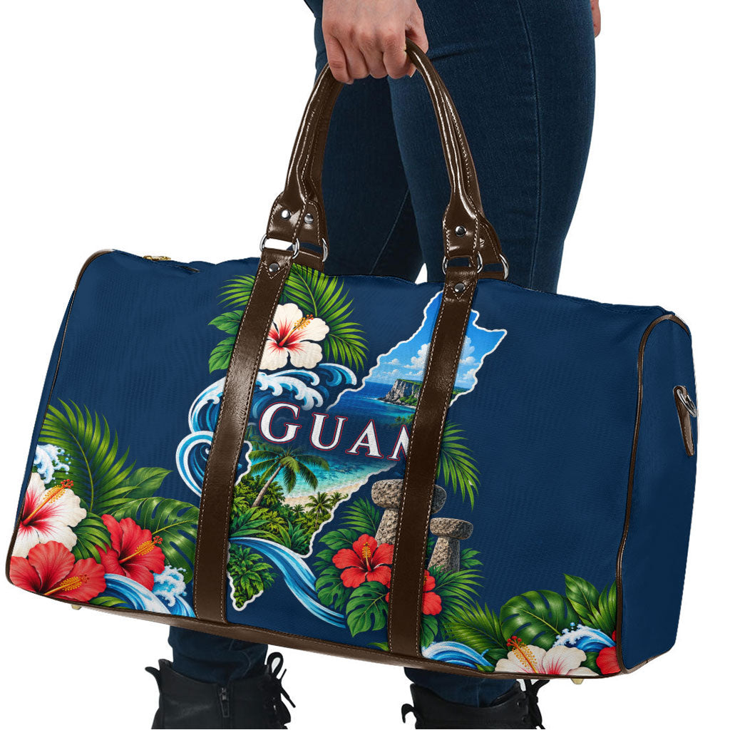 Guam Map Latte Stone Travel Bag Hibiscus Floral Coastal Landscape TS04 - Polynesian Pride