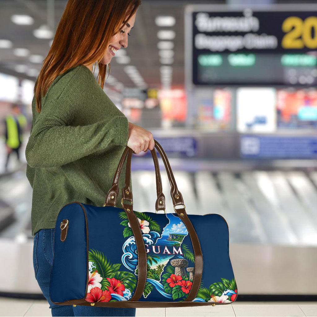 Guam Map Latte Stone Travel Bag Hibiscus Floral Coastal Landscape TS04 - Polynesian Pride