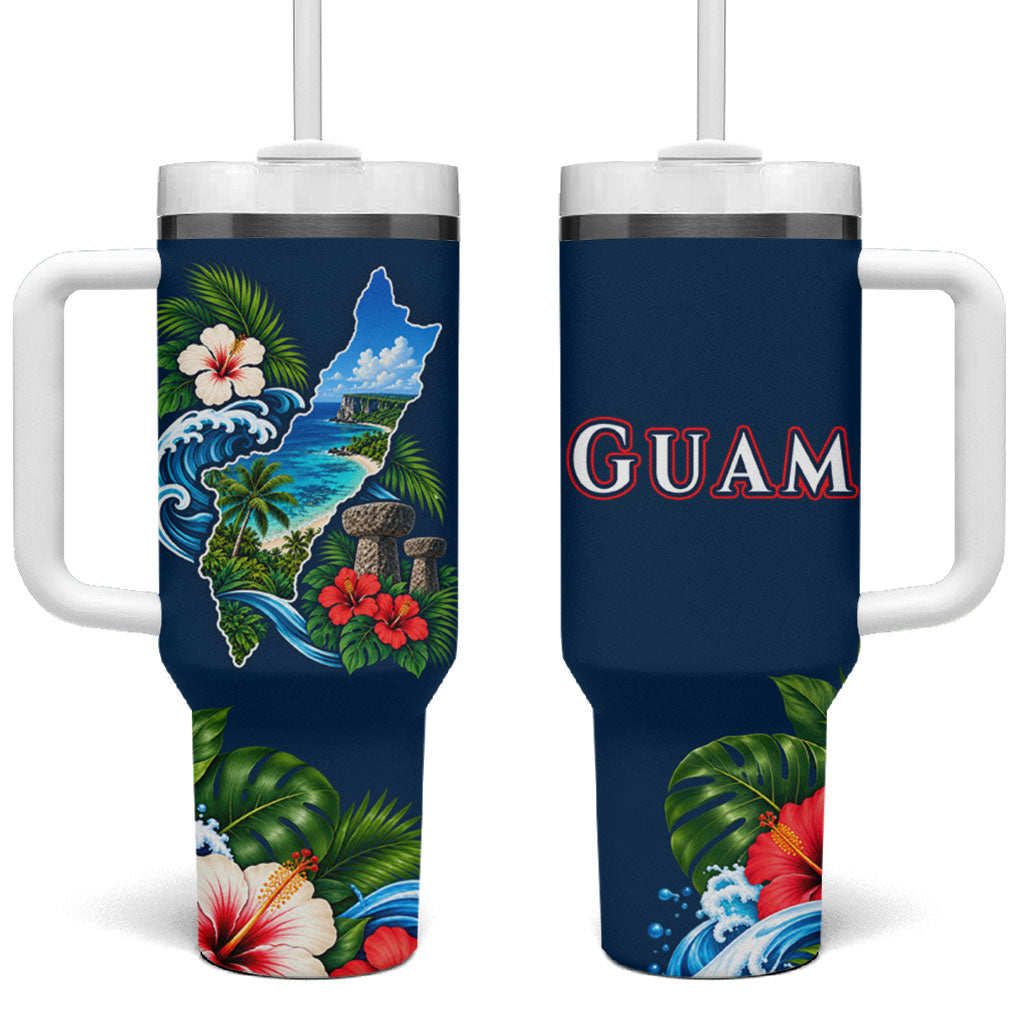 Guam Map Latte Stone Tumbler With Handle Hibiscus Floral Coastal Landscape TS04 One Size: 40 oz Blue Red - Polynesian Pride