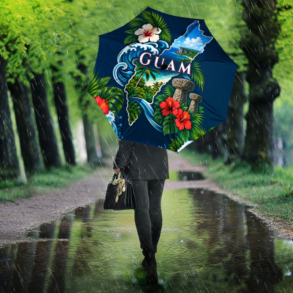 Guam Map Latte Stone Umbrella Hibiscus Floral Coastal Landscape TS04 - Polynesian Pride