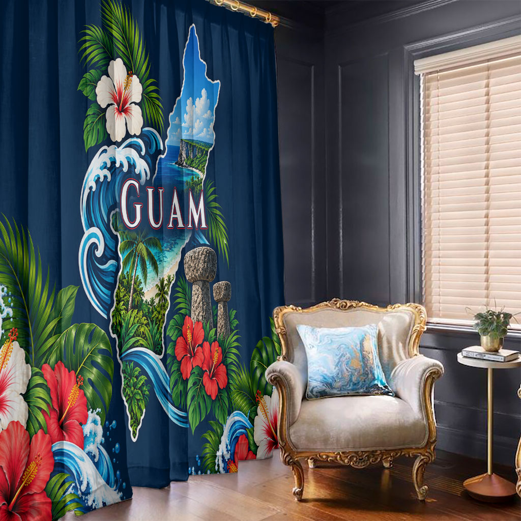 Guam Map Latte Stone Window Curtain Hibiscus Floral Coastal Landscape
