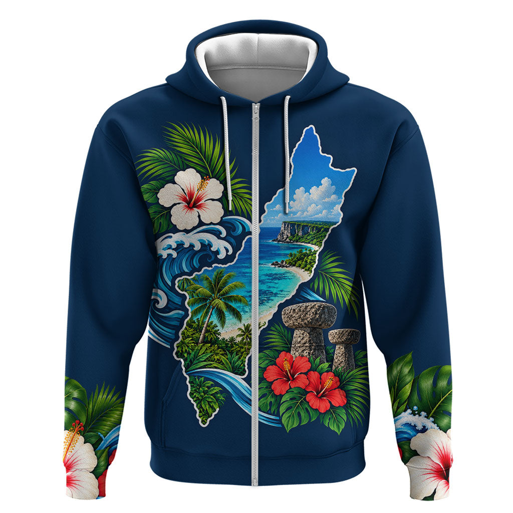 Guam Map Latte Stone Zip Hoodie Hibiscus Floral Coastal Landscape TS04 Zip Hoodie Blue Red - Polynesian Pride