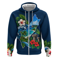 Guam Map Latte Stone Zip Hoodie Hibiscus Floral Coastal Landscape TS04 Zip Hoodie Blue Red - Polynesian Pride