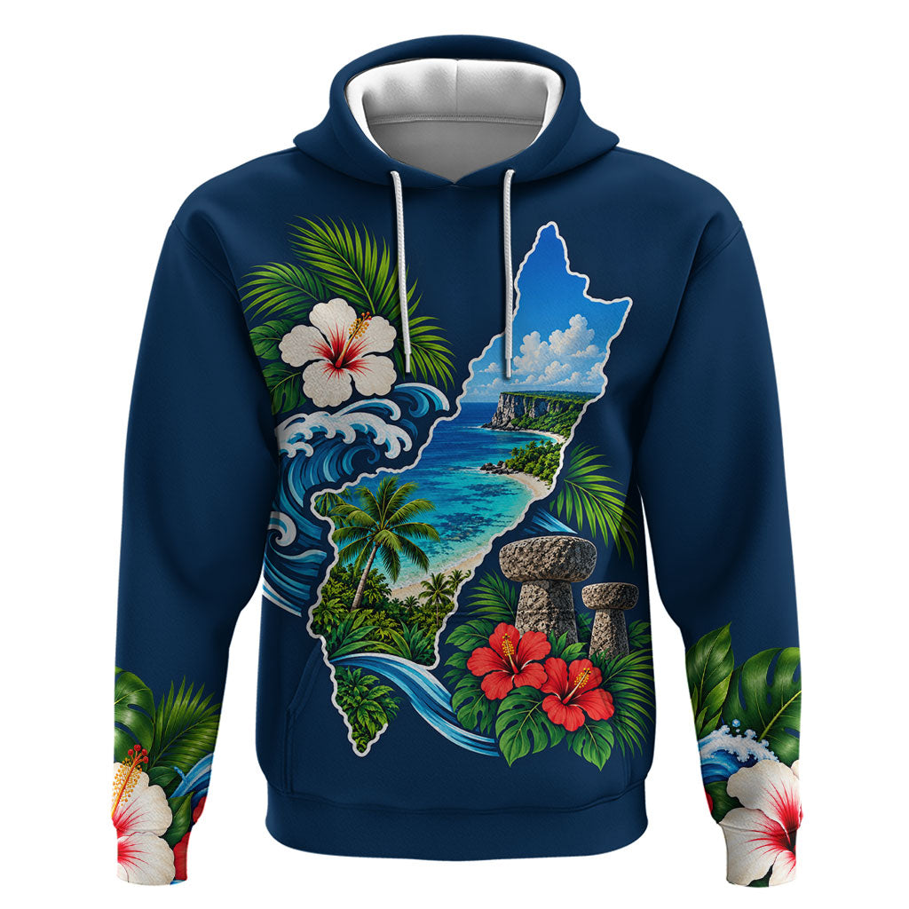 Guam Map Latte Stone Zip Hoodie Hibiscus Floral Coastal Landscape TS04 Pullover Hoodie Blue Red - Polynesian Pride