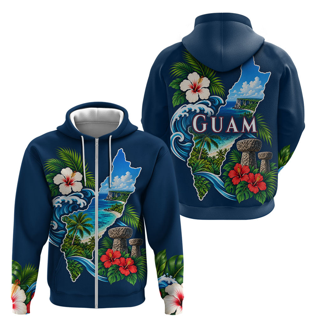 Guam Map Latte Stone Zip Hoodie Hibiscus Floral Coastal Landscape TS04 - Polynesian Pride