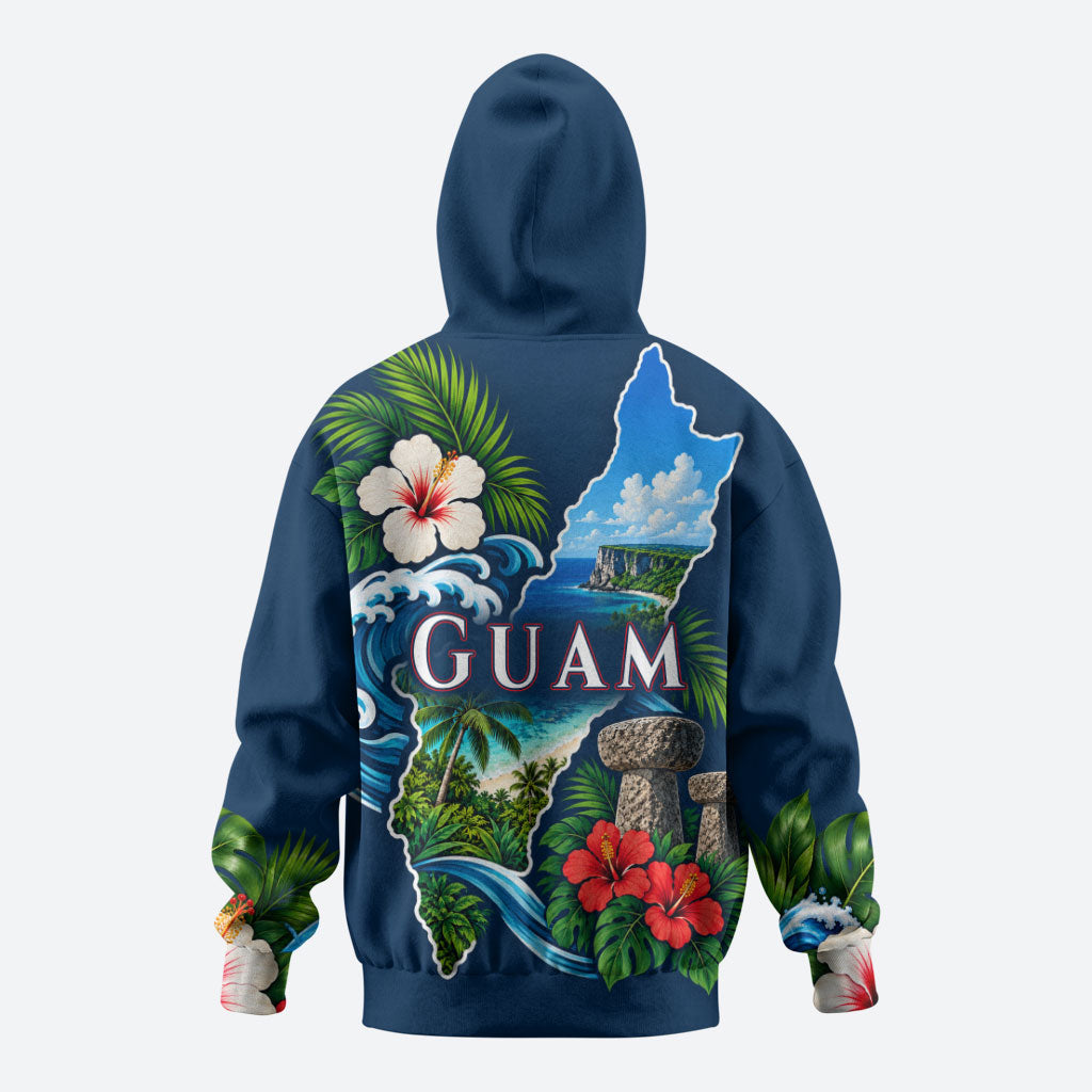 Guam Map Latte Stone Zip Hoodie Hibiscus Floral Coastal Landscape TS04 - Polynesian Pride