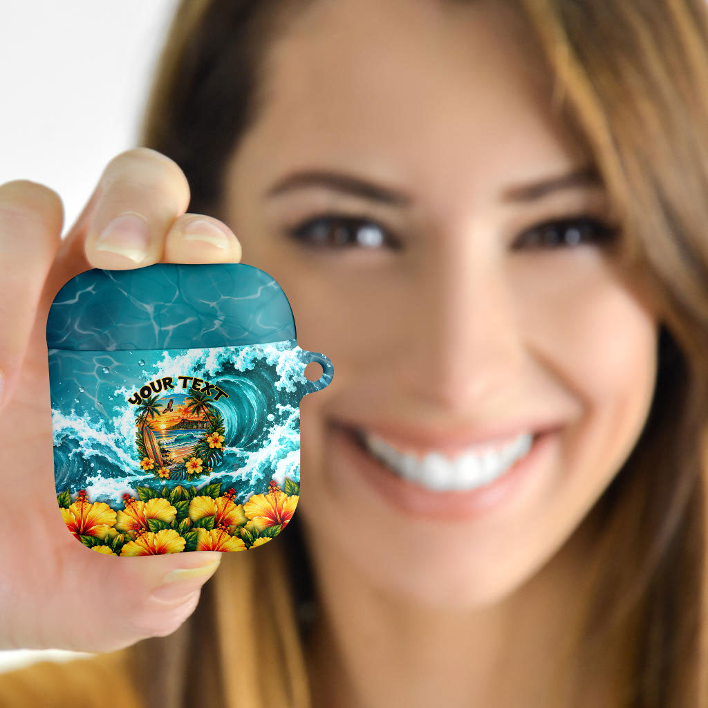 Personalized Hawaii 60th Birthday Eagle AirPods Case Tropical Sunset Beach Hibiscus Ocean Wave