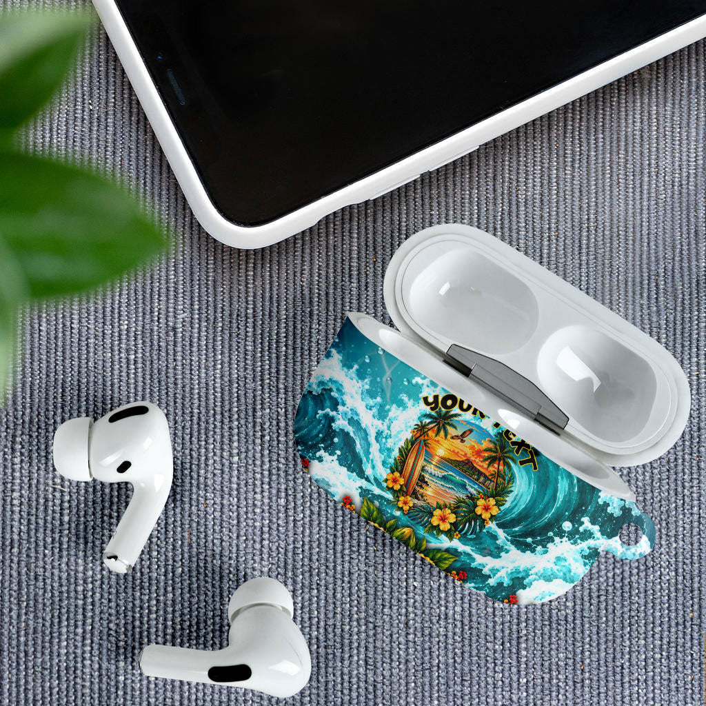 Personalized Hawaii 60th Birthday Eagle AirPods Case Tropical Sunset Beach Hibiscus Ocean Wave